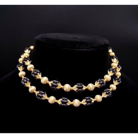 Vintage 1970s Gold & Black Double Strand Beaded Choker Necklace - Picture 6 of 6